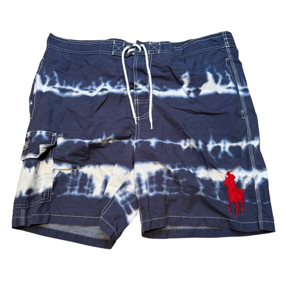 Polo Ralph Lauren Tie Dye Swim Trunks Big Pony Blue White Board Shorts Mens L - Picture 2 of 14
